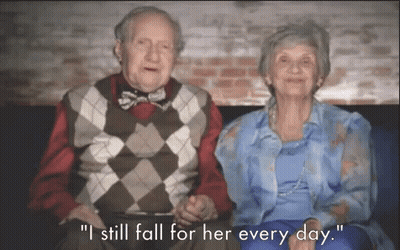 A Man And A Woman Are Sitting Next To Each Other And The Man Is Saying " I Still Fall For Her Every Day " GIF
