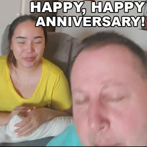 A Man And A Woman Are Sitting Next To Each Other With Their Eyes Closed And A Message That Says Happy Happy Anniversary GIF