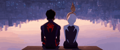 A Man And A Woman Are Sitting On A Bench Looking At The City Skyline GIF