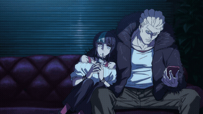 A Man And A Woman Are Sitting On A Couch And The Woman Is Smoking A Cigarette GIF