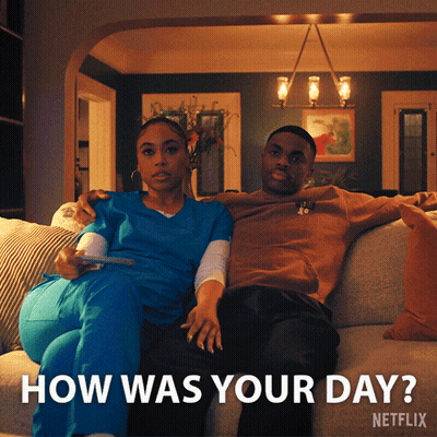 A Man And A Woman Are Sitting On A Couch With The Words " How Was Your Day " Above Them GIF