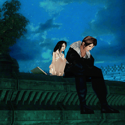 A Man And A Woman Are Sitting On A Green Ledge GIF