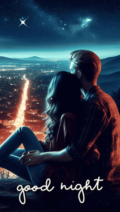 A Man And A Woman Are Sitting On A Hill Looking At A City At Night GIF