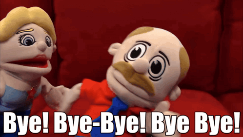 A Man And A Woman Are Sitting On A Red Couch With The Words Bye Bye Bye Bye Bye GIF