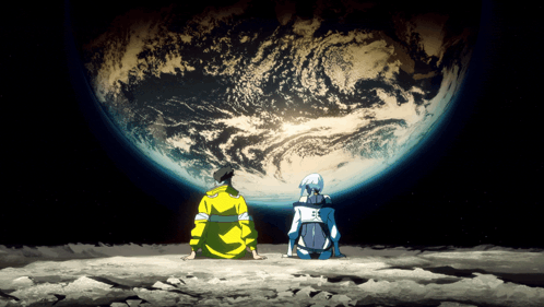 A Man And A Woman Are Sitting On The Moon Looking At The Earth GIF