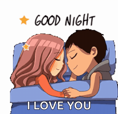 A Man And A Woman Are Sleeping In A Bed With The Words Good Night I Love You Above Them GIF