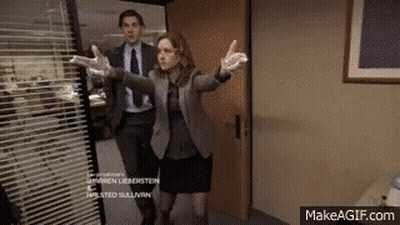 A Man And A Woman Are Standing In A Doorway With Their Arms Outstretched In Front Of A Makeagif.com Logo GIF
