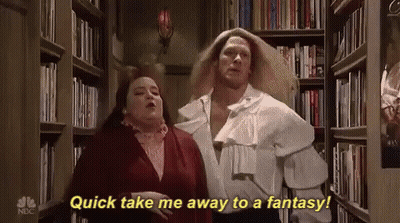 A Man And A Woman Are Standing In A Library And The Man Is Saying `` Quick Take Me Away To A Fantasy '' GIF