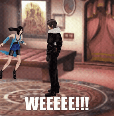 A Man And A Woman Are Standing In A Room With The Words Weeeee Written In White GIF