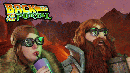 A Man And A Woman Are Standing In Front Of A Back To Portal Sign GIF