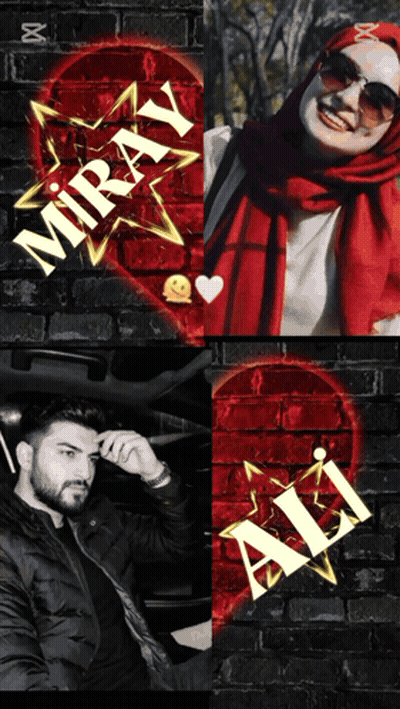 A Man And A Woman Are Standing In Front Of A Brick Wall With Miray And Ali Written On Them GIF