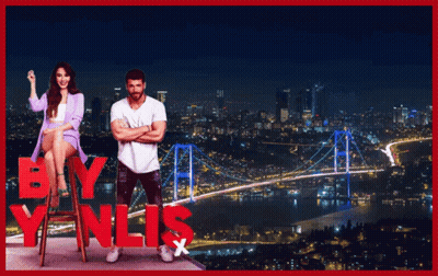 A Man And A Woman Are Standing In Front Of A Bridge With The Word Buy On The Bottom GIF