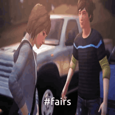 A Man And A Woman Are Standing In Front Of A Car With The Hashtag #Fairs On The Screen GIF