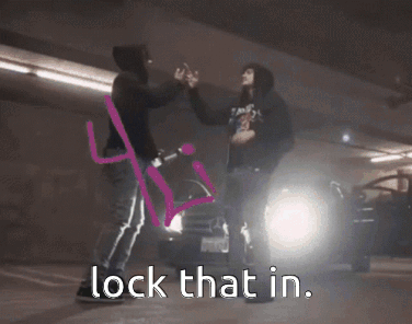 A Man And A Woman Are Standing In Front Of A Car With The Words Lock That In GIF