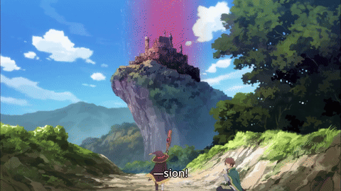 A Man And A Woman Are Standing In Front Of A Castle And The Woman Says -Sion GIF