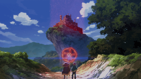 A Man And A Woman Are Standing In Front Of A Castle On A Rocky Hillside GIF