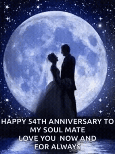 A Man And A Woman Are Standing In Front Of A Full Moon . GIF