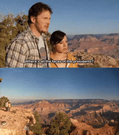 A Man And A Woman Are Standing In Front Of A Grand Canyon And Talking About Where All The Faces Of The Presidents GIF