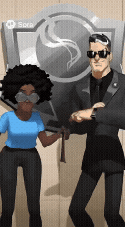 A Man And A Woman Are Standing In Front Of A Sign That Has Sora On It GIF