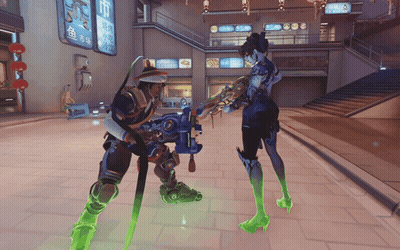 A Man And A Woman Are Standing In Front Of A Sign That Says ' Chinese Food ' On It GIF