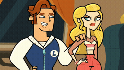 A Man And A Woman Are Standing Next To Each Other And The Man Has The Letter L On His Shirt GIF