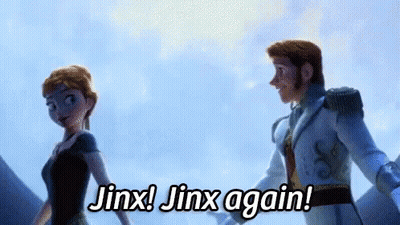 A Man And A Woman Are Standing Next To Each Other And The Man Is Saying Jinx ! Jinx Again . GIF