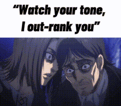 A Man And A Woman Are Standing Next To Each Other And The Man Says `` Watch Your Tone , I Out-Rank You '' GIF