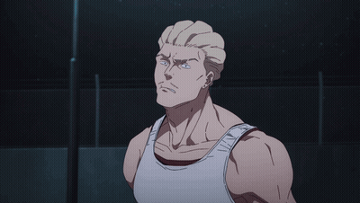 A Man And A Woman Are Standing Next To Each Other And The Woman Has Blue Hair GIF