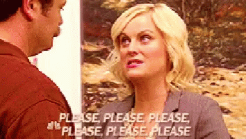 A Man And A Woman Are Standing Next To Each Other And The Woman Is Asking The Man To Please GIF