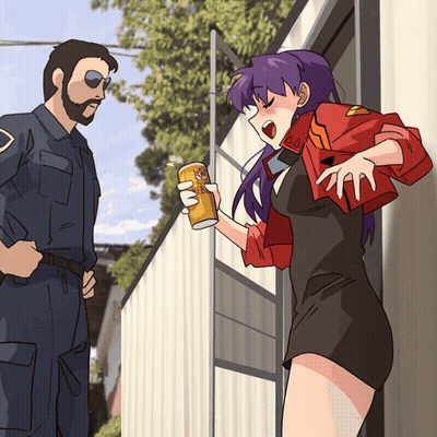 A Man And A Woman Are Standing Next To Each Other And The Woman Is Holding A Can That Says ' Ao ' GIF