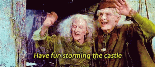 A Man And A Woman Are Standing Next To Each Other And The Woman Is Saying Have Fun Storming The Castle GIF