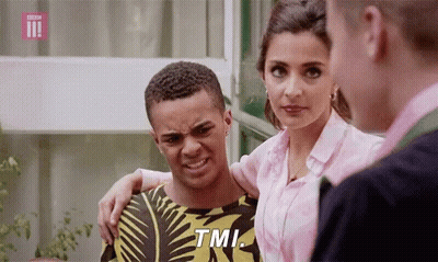 A Man And A Woman Are Standing Next To Each Other And The Woman Is Saying Tmi GIF