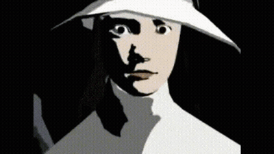A Man And A Woman Are Standing Next To Each Other And The Woman Is Wearing A White Hat GIF
