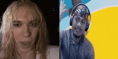 A Man And A Woman Are Standing Next To Each Other And The Woman Is Wearing Headphones . GIF