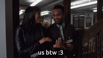 A Man And A Woman Are Standing Next To Each Other And The Woman Says Us Btw GIF