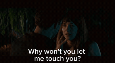 A Man And A Woman Are Standing Next To Each Other And The Woman Says Why Won 'T You Let Me Touch You GIF