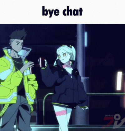 A Man And A Woman Are Standing Next To Each Other And The Words Bye Chat Are Above Them GIF