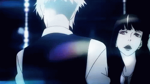 A Man And A Woman Are Standing Next To Each Other In A Dark Room In A Cartoon . GIF