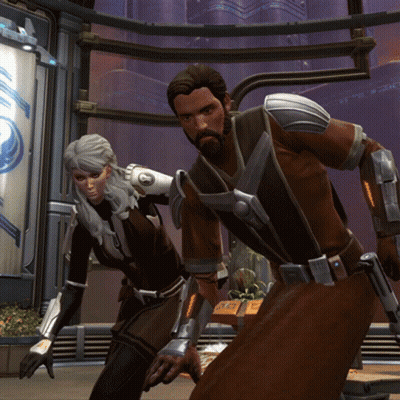 A Man And A Woman Are Standing Next To Each Other In A Futuristic Setting GIF