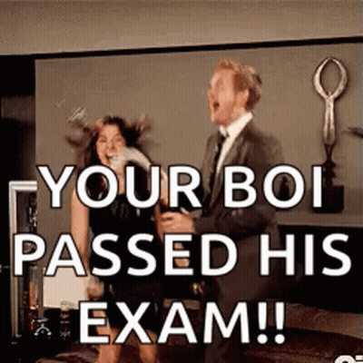 A Man And A Woman Are Standing Next To Each Other In A Living Room With The Words `` Your Boi Passed His Exam ! '' GIF
