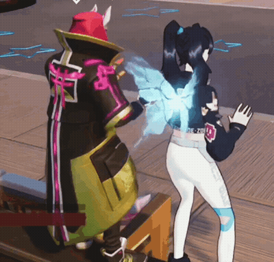 A Man And A Woman Are Standing Next To Each Other In A Video Game And The Woman Has A Blue Light Coming Out Of Her Back GIF