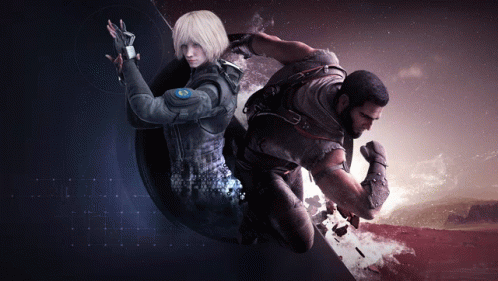 A Man And A Woman Are Standing Next To Each Other In A Video Game Scene GIF