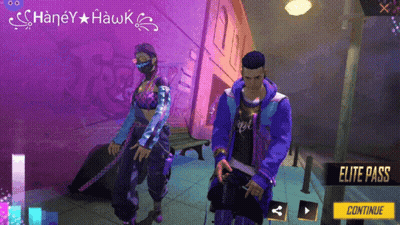 A Man And A Woman Are Standing Next To Each Other In A Video Game With Elite Pass In The Corner GIF