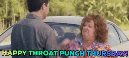 A Man And A Woman Are Standing Next To Each Other In Front Of A Car With The Words Happy Throat Punch Thursday . GIF