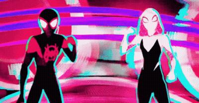 A Man And A Woman Are Standing Next To Each Other In Front Of A Purple And Pink Background . GIF
