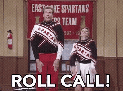 A Man And A Woman Are Standing Next To Each Other In Front Of A Sign That Says `` Roll Call '' . GIF