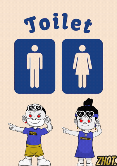 A Man And A Woman Are Standing Next To Each Other In Front Of A Sign That Says Toilet GIF