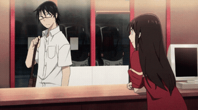 A Man And A Woman Are Standing Next To Each Other In Front Of A Window That Says ' Tokyo ' GIF