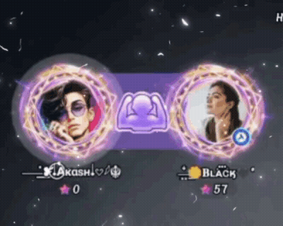 A Man And A Woman Are Standing Next To Each Other In Purple Circles . GIF