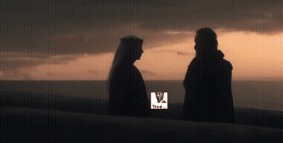 A Man And A Woman Are Standing Next To Each Other With A True Icon In The Corner GIF